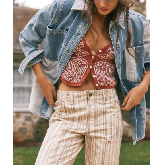 NEW FREE PEOPLE Supersonic Printed Slim Pants / Farmhouse Grey Combo  Size: 4 - Picture 4 of 8